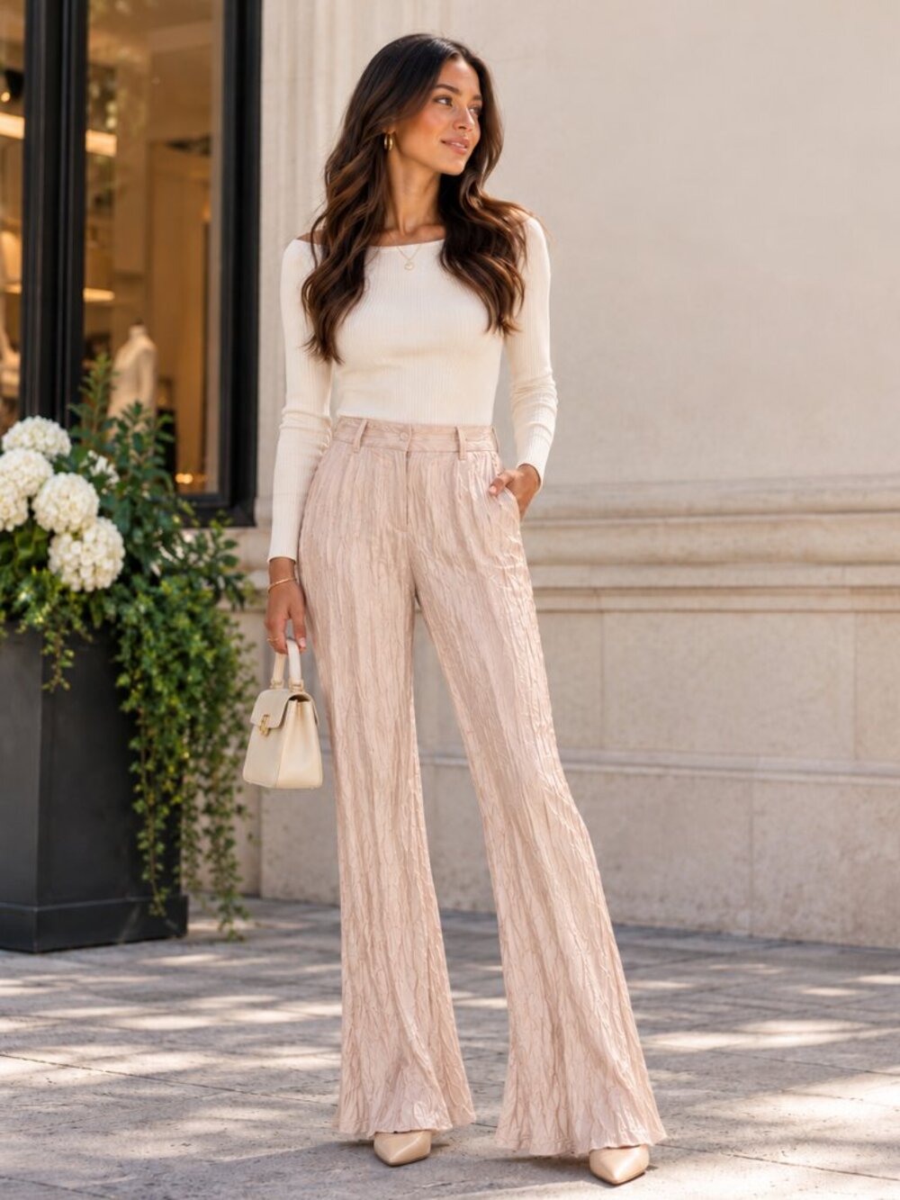 Song of Style Simone Crinkled Flare Pants Size M Blush Pink Satin Look High Rise